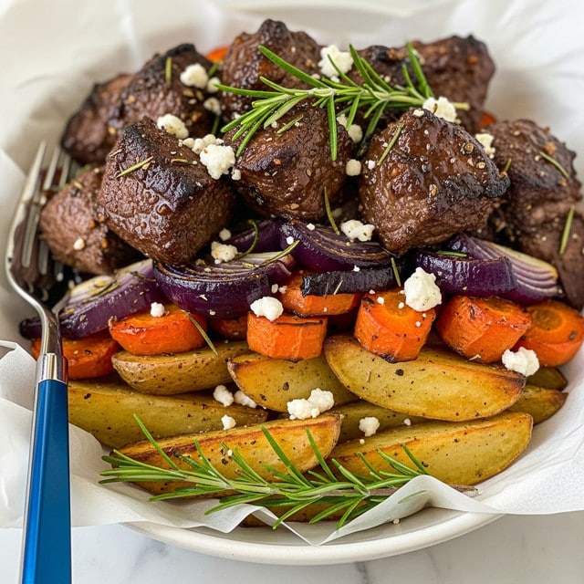 This image shows a close-up of a layered dish in a white bowl lined with parchment paper on a white marbled surface. The bottom layer consists of roasted potato wedges, golden brown with a slightly crispy texture. Above them are chunky pieces of roasted orange-red carrots and purple-red onion slices, both glistening with light charred spots. Generous chunks of dark brown, seared meat with a glossy finish are scattered throughout the dish, creating a rich, hearty look. Small white crumbles of cheese are sprinkled on top, along with fresh bright green rosemary sprigs adding contrast and freshness. A shiny blue-handled fork is visible on the left side, ready to dig into the savory layers. The whole scene has warm, natural lighting emphasizing the textures and colors. photo taken with an iphone --ar 4:5 --v 7