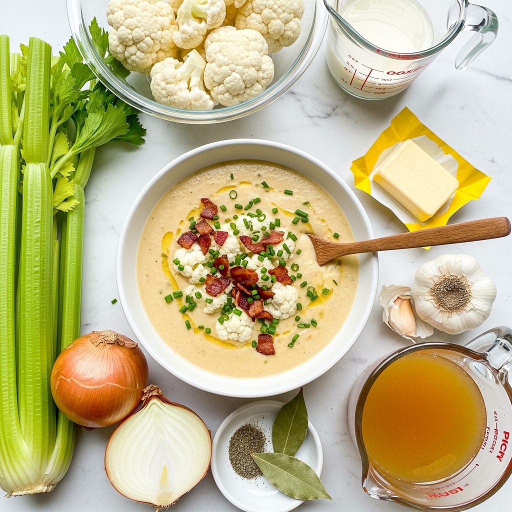 A white bowl with a thick cream soup inside, topped with small white cauliflower pieces, crispy brown bacon bits, and green chives sprinkled over; a wooden spoon rests on the right side inside the bowl, partially submerged in the soup. Around the bowl are fresh green celery stalks on the left, half an onion split in white and golden yellow halves beneath the celery, a pat of unsalted butter in yellow wrapping, a small white dish with black pepper and a green bay leaf, a peeled garlic bulb, and a glass measuring cup filled with golden yellow broth on the bottom right. In the upper part of the image is a clear bowl with white cauliflower florets and a glass measuring cup with white liquid. All items are set on a white marbled textured surface. photo taken with an iphone --ar 4:5 --v 7