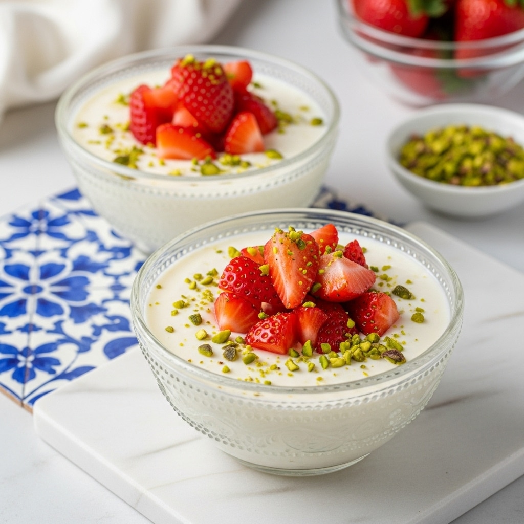 Four clear glass bowls are placed on a white marbled surface with blue floral tile patterns. Each bowl contains a creamy white base layer filling most of the bowl. On top, there is a red layer of sliced strawberries arranged in small piles, with a sprinkle of finely chopped green pistachios scattered over the strawberries and cream. To the side, a small white bowl is filled with crushed pistachios, and a small glass bowl holds whole fresh strawberries, with a few strawberry halves and whole strawberries scattered around. The scene is bright and fresh, showing a clean and inviting dessert setup. photo taken with an iphone --ar 4:5 --v 7