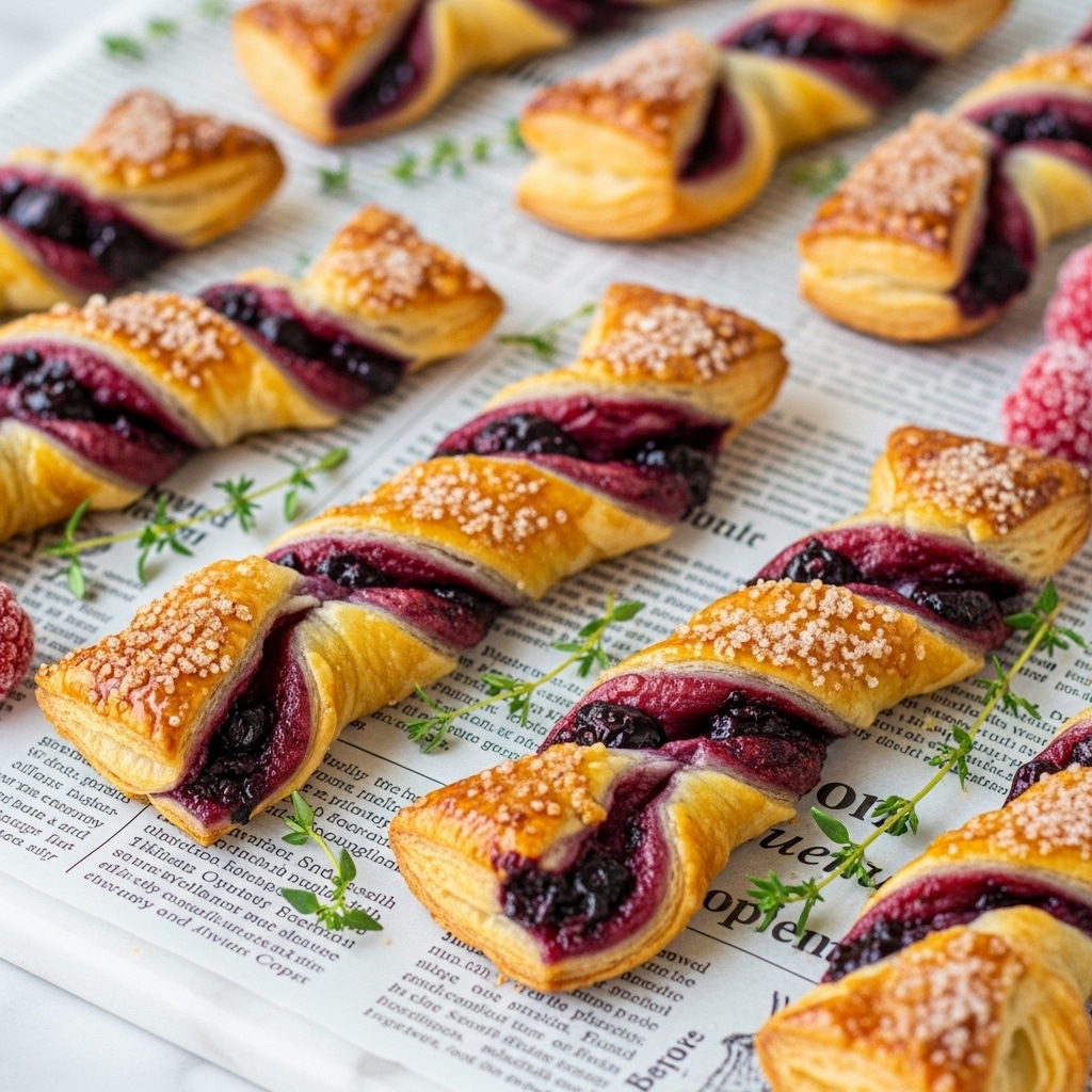 The image shows several twisted pastries on a sheet covered with printed paper, placed on a white marbled surface. Each pastry has multiple layers of golden-brown, crispy puff pastry twisted with a thick, dark purple and pink berry filling, giving the twists a marbled look. The glossy top of the pastries shows a crunchy sugar coating, and there are small green thyme sprigs sprinkled on and around them, adding a touch of fresh color. A few sugared red berries are visible at the edge of the frame, enhancing the fresh and sweet vibe. Photo taken with an iphone --ar 4:5 --v 7
