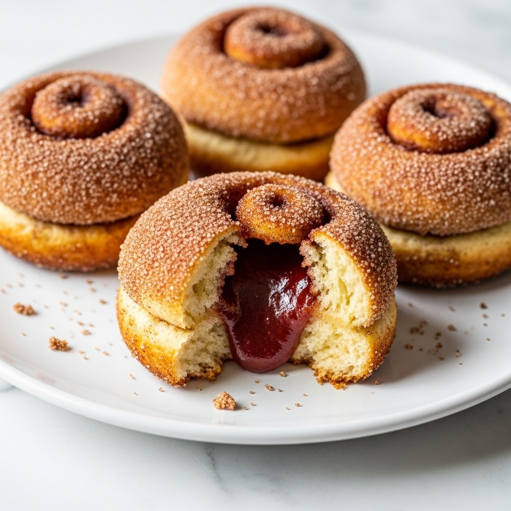The image shows four round cinnamon sugar-coated pastries placed on a white plate on a white marbled surface. Each pastry has a golden-brown, rough texture with a sugary crunch on the outside. One pastry in the front is split open, revealing a soft, gooey inner layer with a deep reddish-brown cinnamon syrup filling. The split exposes three visible layers: the outer crunchy cinnamon sugar crust, a slightly softer dough middle layer in light golden color, and the thick cinnamon syrup filling inside. Small crumbs and sugar pieces are scattered around the pastries on the plate. photo taken with an iphone --ar 4:5 --v 7