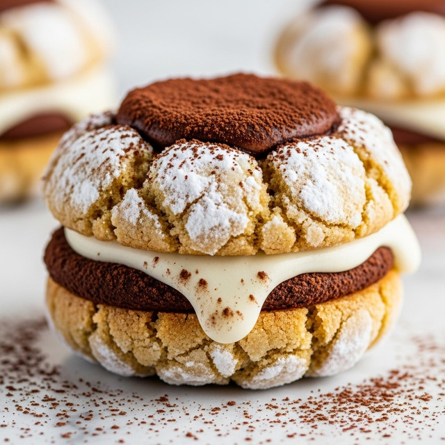 A close-up view of a cookie with three distinct layers: the bottom layer is a golden brown, crumbly cookie base; the middle layer is a creamy white filling that is soft and slightly melting, dripping down the cookie’s edge; the top layer is a dusting of dark brown cocoa powder spread evenly across the creamy center. The cookie’s outer surface is cracked and covered with white powdered sugar, giving it a textured look. The cookie rests on a white marbled surface with some scattered cocoa powder around it. Photo taken with an iphone --ar 4:5 --v 7