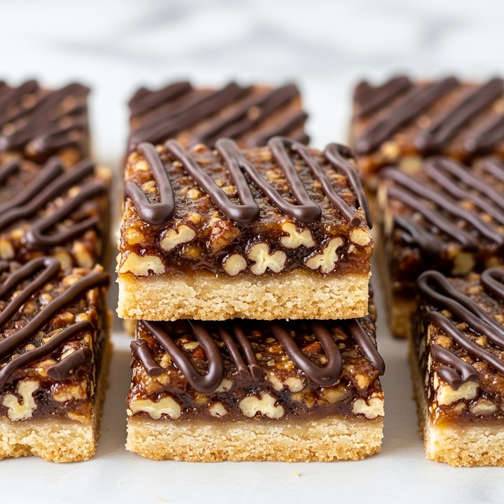The image shows a close-up of several square pecan bars stacked on top of one another. Each bar has two visible layers: the bottom crust layer is golden brown and firm, while the top layer is a sticky, glossy pecan filling with bits of small pecan pieces embedded inside. The top surface of each bar is decorated with a thick dark chocolate drizzle in a zigzag pattern. The bars are placed closely together on a cream-colored parchment paper, and the background has a soft white marbled texture. photo taken with an iphone --ar 4:5 --v 7