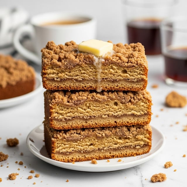 The image shows a stack of three thick slices of crumb coffee cake on a small white plate, placed on a white marbled surface. Each slice has a golden-brown crumbly topping with a rough texture, and the middle layers are moist and slightly lighter brown than the top. A small square of pale yellow butter melts slowly on the top slice. In the blurred background, there is a white cup filled with coffee and a glass with a dark liquid inside. Crumbs are scattered around the plate, adding to the rustic look of the scene. photo taken with an iphone --ar 4:5 --v 7