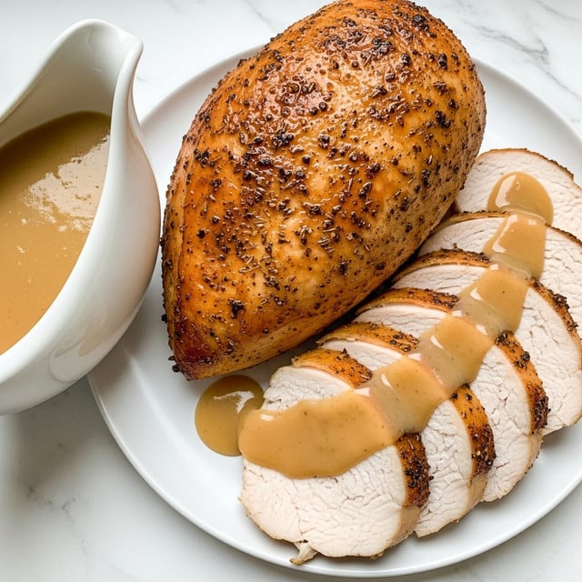 The image shows a close-up of a cooked turkey breast on a white plate with a white marbled texture background. The main portion has one thick layer with golden brown, crispy, and seasoned skin on top, showing specks of herbs and pepper. Next to it are slices of tender white turkey meat with a smooth texture, light brown edges, and a drizzle of rich, golden brown gravy on top. To the left, there is a white gravy boat filled with the same golden brown gravy, smooth and glossy, ready to be poured. Photo taken with an iphone --ar 4:5 --v 7