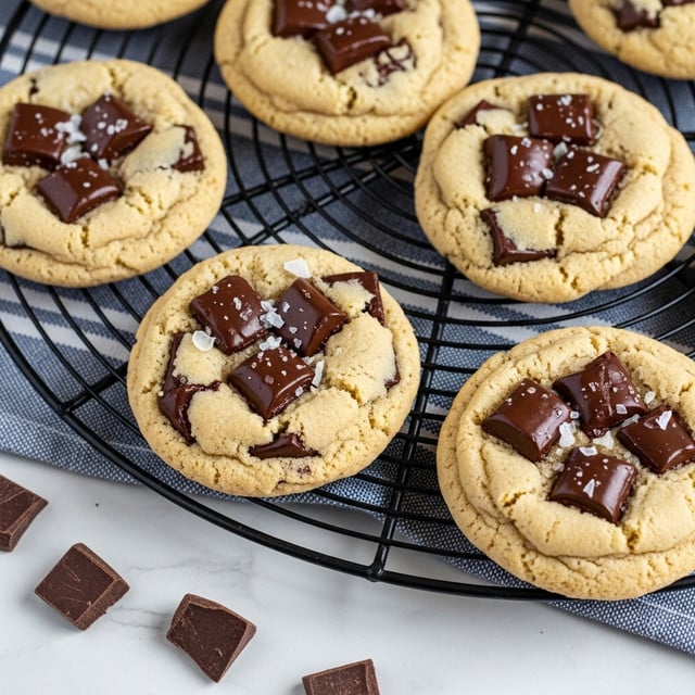 The image shows soft, thick cookies with a pale golden color and a slightly crinkled surface, each topped with large, glossy dark chocolate chunks that are slightly melted into the dough. Some chunks are scattered on the white marbled surface around the cookies. The cookies are placed closely together on a black cooling rack that has a circular wire pattern, sitting on top of a blue and white striped cloth. The texture of the cookies looks soft and chewy, with a few flakes of white sea salt sprinkled on top, adding contrast to the dark chocolate pieces. Photo taken with an iphone --ar 4:5 --v 7