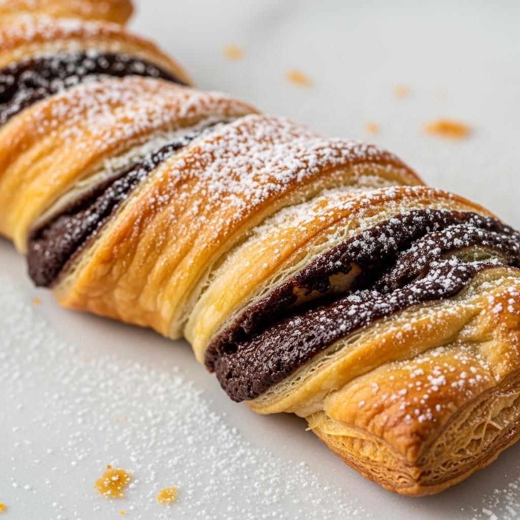 The image shows a close-up of a twisted pastry with multiple layers of golden brown, flaky dough. Dark chocolate filling is swirled through the pastry, creating a striking contrast between the light and dark layers. The surface of the pastry is sprinkled with powdered sugar, adding a delicate white dusting on top. The pastry sits on a white marbled surface with some scattered powdered sugar around it, enhancing the texture and detail of the pastry. Photo taken with an iphone --ar 4:5 --v 7