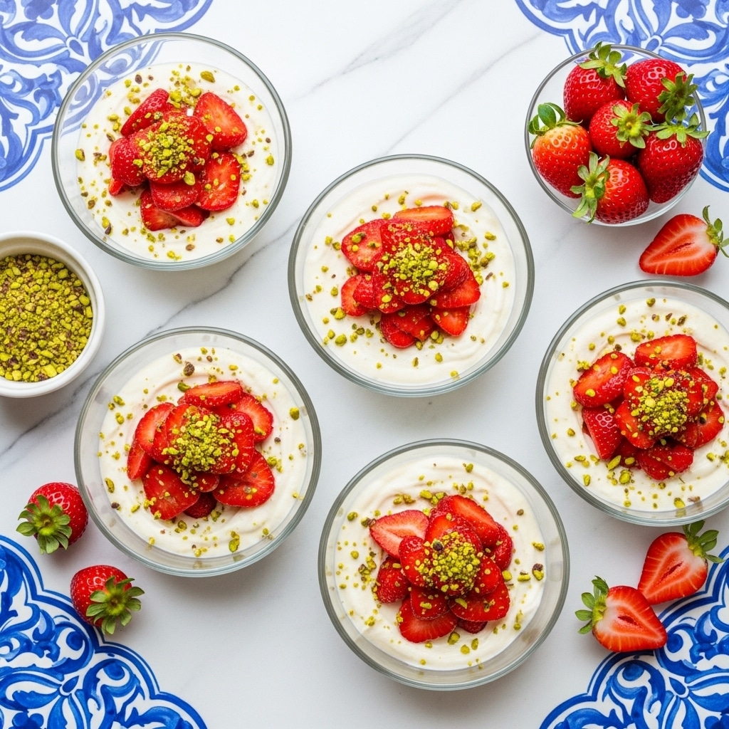Mahalabia (Rose Water Milk Pudding) with Macerated Strawberries and Pistachio Garnish Recipe