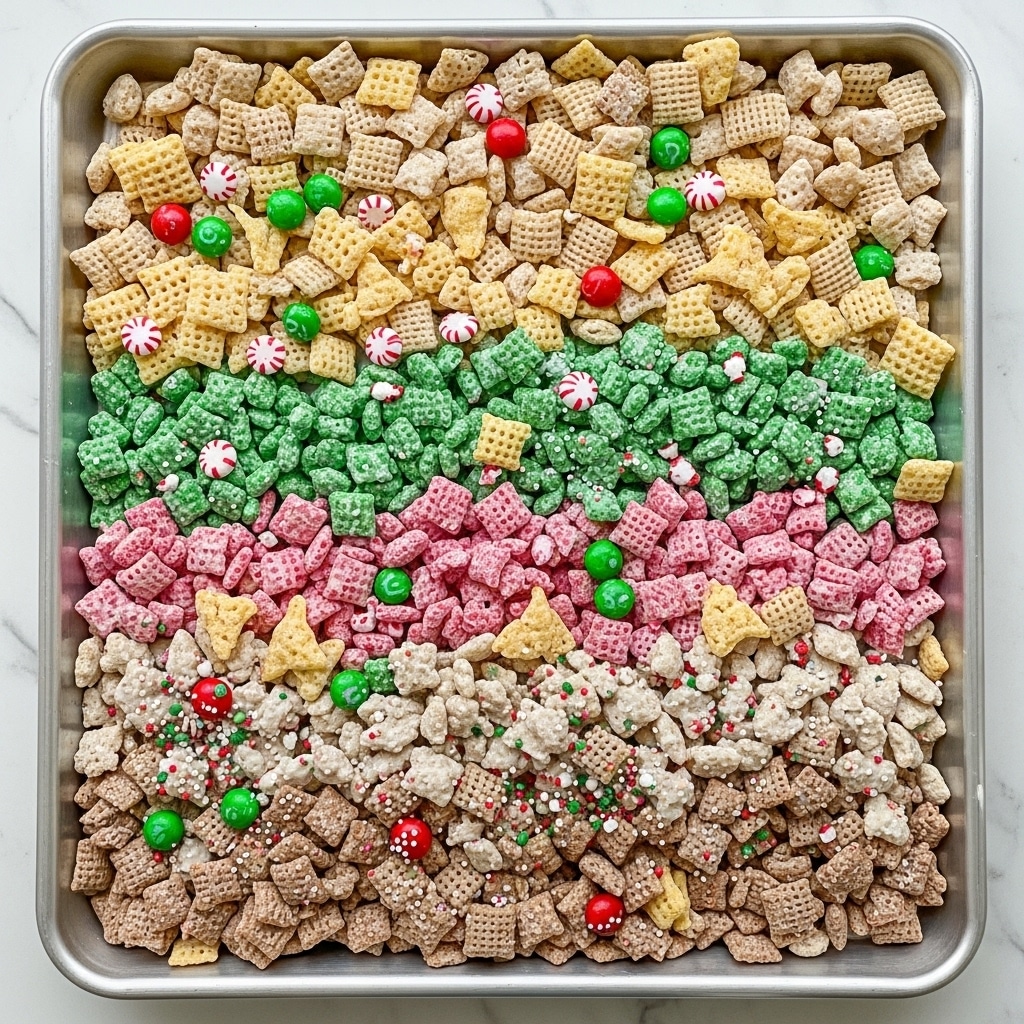 A large silver baking tray filled with a colorful mix of snack pieces on a white marbled surface. The mix has several layers: pale yellow square cereal pieces with a grid texture, light beige cereal squares and some triangular corn chips. Scattered throughout are small red and green candy-coated chocolate pieces, some white and pink peppermint candy bits, and small green, red, and white sprinkles. Everything is lightly coated in a white mixture giving a slightly glossy look and holding the pieces together in clusters. The snack mix covers the entire tray evenly. photo taken with an iphone --ar 4:5 --v 7
