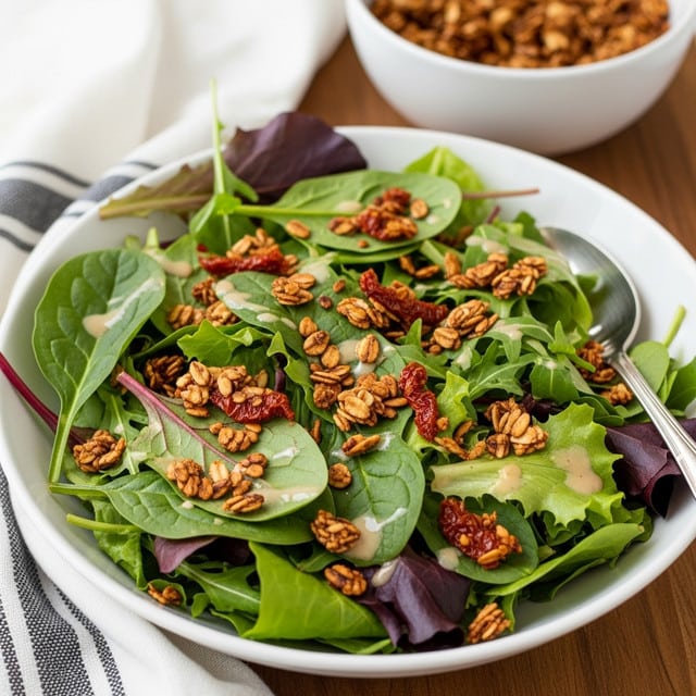 A white shallow bowl filled with a fresh salad made of mixed green leaves including spinach, lettuce, and some purple leafy greens, layered in a way that the greens look full and fresh. On top of the greens, there are scattered crunchy granola pieces and small bits of red dried tomato, sprinkled evenly over the salad. A light creamy dressing is drizzled lightly across the leaves and granola. The bowl sits on a wooden surface with a soft white cloth with black stripes on the side, and in the background, there is a white bowl filled with more granola pieces. A silver spoon is placed inside the salad bowl on the right. The photo is taken with an iphone --ar 4:5 --v 7