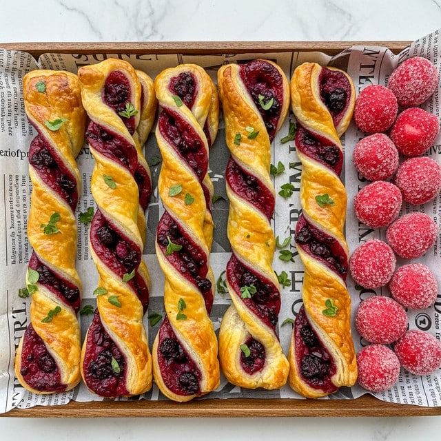 The image shows several twisted pastry sticks placed closely together on a base of printed paper, set on a wooden tray. Each twist has two distinct layers: a golden-brown flaky outer layer with a slightly shiny, baked texture and a visible inner filling layer that is a mix of deep red and purple hues, looking soft and slightly chunky, likely from berries. The twists are garnished with small sprigs of fresh green herbs scattered on and around them, adding a touch of color contrast. To the side, bright red sugar-coated berries add an extra pop of color. The whole scene is on a background of white marbled texture. photo taken with an iphone --ar 4:5 --v 7