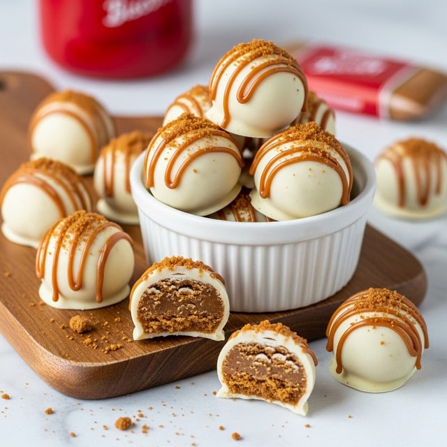 The image shows round truffles arranged on a wooden board, each coated in a smooth, creamy white layer with a brown drizzle on top and sprinkled with crushed brown crumbs. The truffles have a firm, light brown filling inside, visible in some that are cut in half or bitten into, showing a soft texture contrasting the outer coating. Around the board, there are loose crumbs scattered on a white marbled surface. In the background, a white bowl filled with brown crumbs and a cinnamon stick are visible, adding to the cozy, homemade feel. photo taken with an iphone --ar 4:5 --v 7