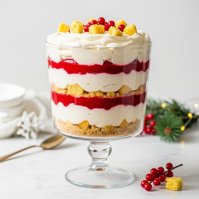 The dessert is shown in a tall clear glass trifle bowl with a stem, consisting of six visible layers. Starting from the bottom, the first layer is a light yellow cake crumb layer, followed by a thick white creamy layer. Above this is a bright red jelly or fruit layer with a smooth texture, then another cake crumb layer. This pattern repeats again with the white creamy layer topped by a red fruit layer, and another thin cake crumb layer. The trifle is finished on top with a thick, fluffy white cream layer, decorated with small red berries and chunks of yellow cake. The bowl sits on a white marbled surface with a festive decoration nearby, giving a fresh and clean look. Photo taken with an iphone --ar 4:5 --v 7