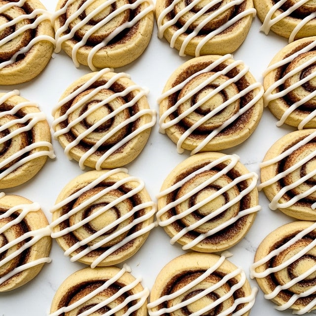 The image shows many round cinnamon roll cookies placed closely together on a white marbled surface. Each cookie has a light golden brown dough base shaped in a spiral with a darker brown cinnamon swirl inside. On top of every cookie, there are several thick, white icing lines that run diagonally across, giving a striped pattern. The cookies appear soft with slightly rough edges and a smooth icing texture. The overall view is a top-down shot displaying the repetition of the swirled cookies. photo taken with an iphone --ar 4:5 --v 7