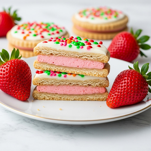 A close-up of two round shortbread cookies stacked on a white plate with a gold rim, each cookie cut in half to show three layers: a crumbly beige base, a thick soft pink strawberry filling in the middle, and a white icing layer on top sprinkled with small red, green, orange, and pink candy dots, with fresh bright red strawberries with green leaves placed around the cookies, all set against a white marbled textured surface. photo taken with an iphone --ar 4:5 --v 7