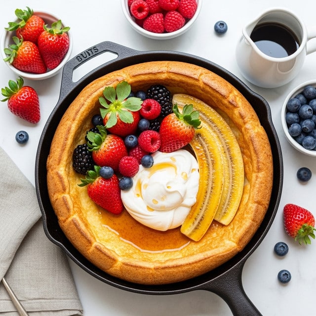 A large baked pancake with a golden brown, puffed, and slightly crisp edge fills a black cast iron skillet. In the center, a creamy white dollop of whipped cream is topped with fresh colorful berries, including whole strawberries with green leaves, red raspberries, and small dark blueberries. A few slices of caramelized banana lay beside the berries, all glistening with syrup or glaze. Surrounding the skillet are small bowls of additional strawberries and raspberries, and blueberries, with a white ceramic pitcher of syrup nearby, all placed on a white marbled surface. photo taken with an iphone --ar 4:5 --v 7