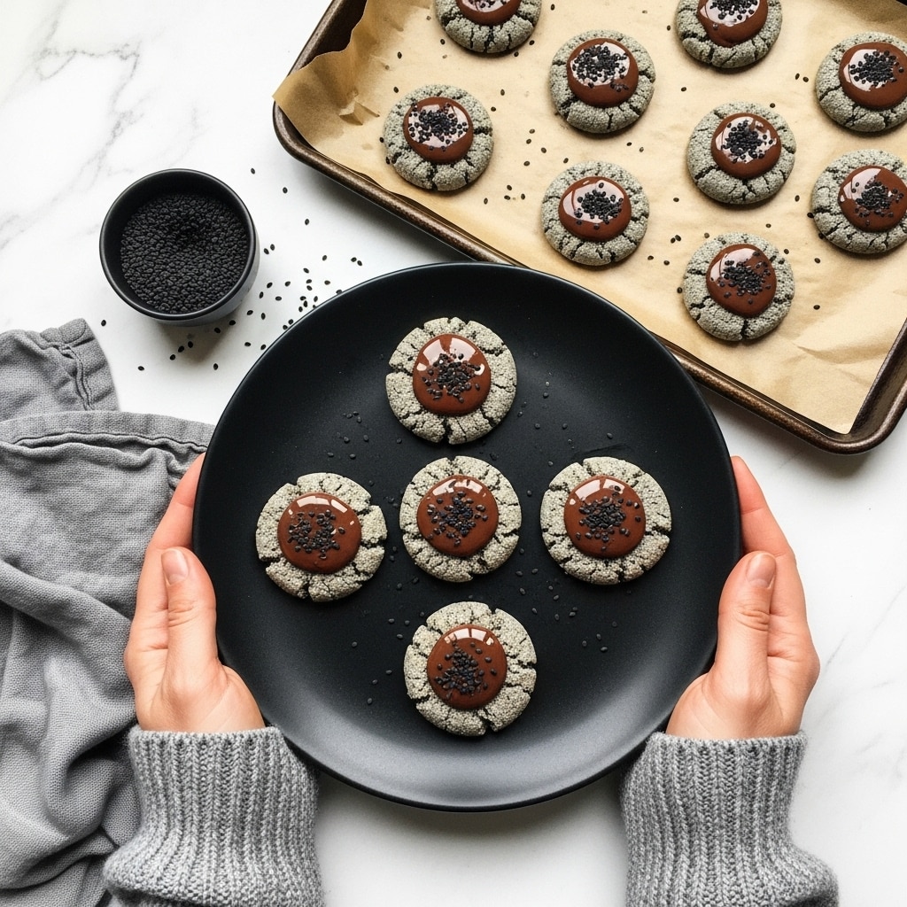 A black round plate is held by two woman's hands wearing gray knitted sleeves. On the plate, there are five grayish-black cookies with a rough texture, each topped with melted dark chocolate in the center and sprinkled with small black seeds. In the background, a baking tray lined with brown parchment paper holds more of these same cookies scattered evenly. To the upper left side, there is a small black container filled with black seeds. The whole scene is set on a white marbled surface with a folded gray cloth to the left side. photo taken with an iphone --ar 4:5 --v 7