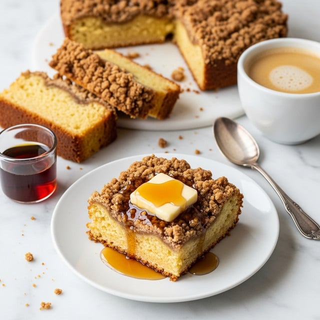 The image shows several slices of golden brown crumb cake with a crunchy streusel topping, placed on a white marbled surface. One slice is on a white plate with a square piece of melting butter on top, covered in maple syrup that glistens warmly. There is a white cup of coffee with light crema at the top beside an old silver spoon, and a small clear cup filled with dark syrup, positioned near the cake slices. The cake’s texture is soft and moist inside with a crumbly topping that looks slightly toasted. The scene is cozy and inviting, with crumbs scattered naturally around the slices. photo taken with an iphone --ar 4:5 --v 7