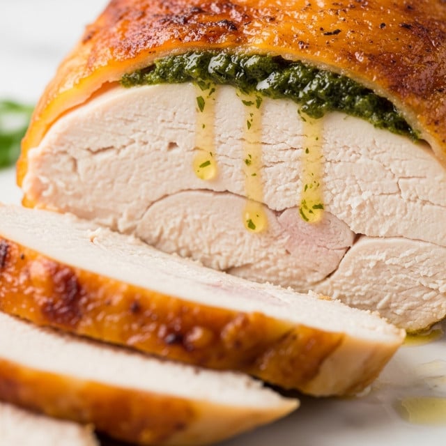 A close-up view of a thick slice of roasted chicken breast with a crispy, golden-brown skin on the outside. The chicken breast is cut to show a juicy, white inside layer with a green herb layer near the top just under the skin. There are small droplets of melted butter or juice running down from the herb layer, adding a shiny texture. In the foreground, there are a few thin slices of the same chicken breast with golden skin and white meat, resting on a white marbled surface. The overall look is warm and juicy with a mix of smooth moist meat and textured crispy skin. photo taken with an iphone --ar 4:5 --v 7