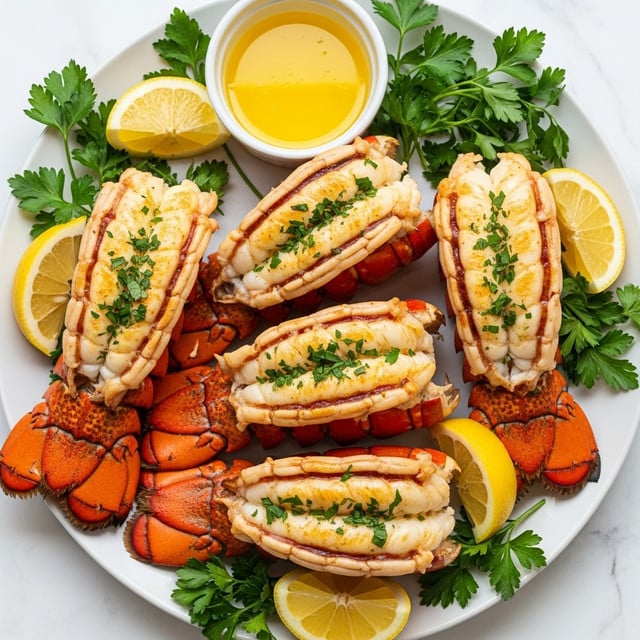 Four grilled lobster tails are arranged closely on a white plate, each tail split open to reveal tender white lobster meat with a slight golden-brown grilled texture on top, sprinkled with finely chopped green parsley. The lobster shells are reddish-orange with charred edges. Around the lobster tails, there are fresh green parsley sprigs and several lemon wedges with bright yellow color. In the top center of the plate, a small white bowl contains melted butter with a light yellow hue. The whole setup is placed on a white marbled surface. photo taken with an iphone --ar 4:5 --v 7