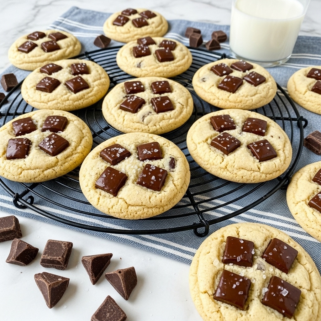 A group of soft, thick cookies with a pale golden color topped with large, square dark chocolate chunks scattered evenly on the surface, some sprinkled with a little coarse salt. The cookies are arranged on a round black wire cooling rack placed over a blue and white striped cloth on a white marbled surface. Around the rack, there are more chocolate chunks and several cookies resting directly on the cloth. In the background, there is a clear glass filled with milk. The overall scene gives a warm and cozy feeling, capturing the fresh, chewy texture of the cookies and the rich, dark chocolate pieces. Photo taken with an iphone --ar 4:5 --v 7