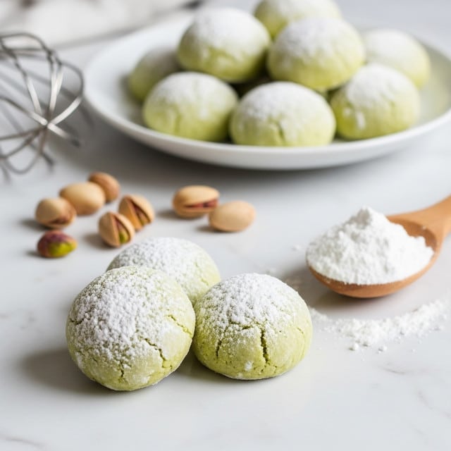 The image shows three soft, round pale green cookies dusted with white powdered sugar on a white marbled surface. Behind them is a white plate filled with more of the same cookies, slightly blurred. Scattered around are a few pistachio nuts with their shells partially open. To the right, there is a wooden spoon filled with powdered sugar, some of which has spilled onto the surface. In the background, part of a metal whisk is visible on the left side. Photo taken with an iphone --ar 4:5 --v 7