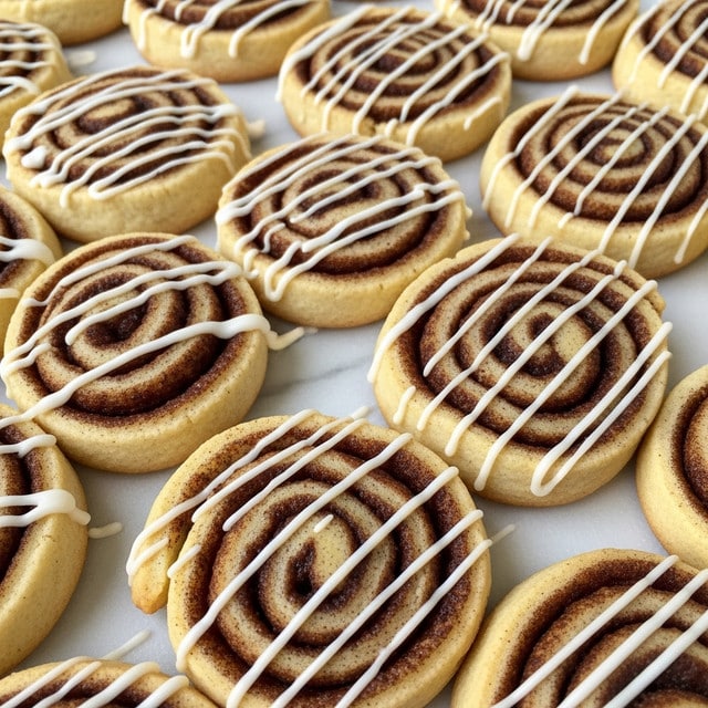 The image shows a close-up of round cinnamon roll cookies arranged closely together on a flat white marbled surface. Each cookie has one layer of pale golden dough spiraled with a dark cinnamon filling, and the top is decorated with thin white icing lines drizzled across. The texture of the dough looks soft and slightly crumbly, while the cinnamon filling is smooth and sharply defined. The cookies have a uniform size and shape with a slightly raised edge around the spiral. The photo taken with an iphone --ar 4:5 --v 7