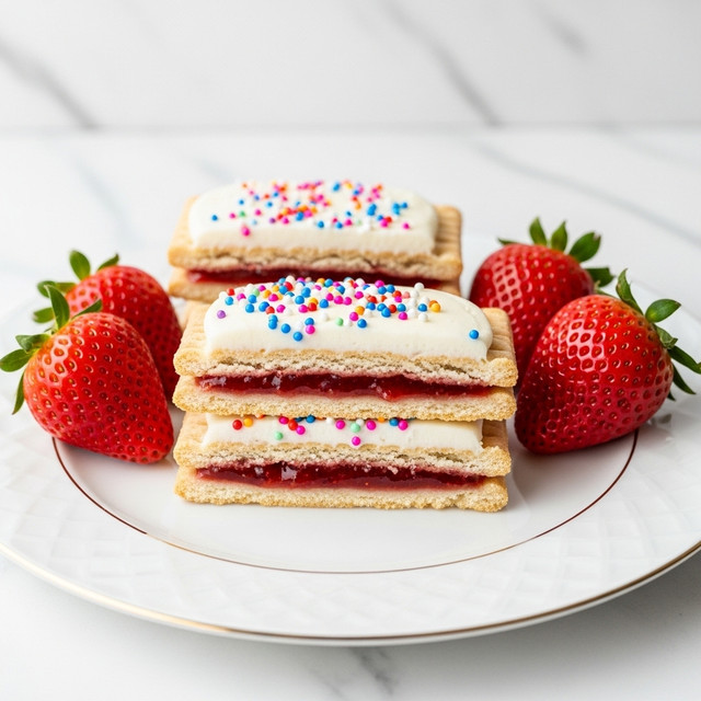 A white plate with a gold rim holds two halves of a layered strawberry pastry and four fresh strawberries. Each pastry half shows three layers: the bottom layer is a light beige crumbly crust, the middle layer is a glossy red strawberry jam, and the top layer is a white frosting sprinkled with small colorful round sprinkles. The background has a blurred white marbled texture. photo taken with an iphone --ar 4:5 --v 7