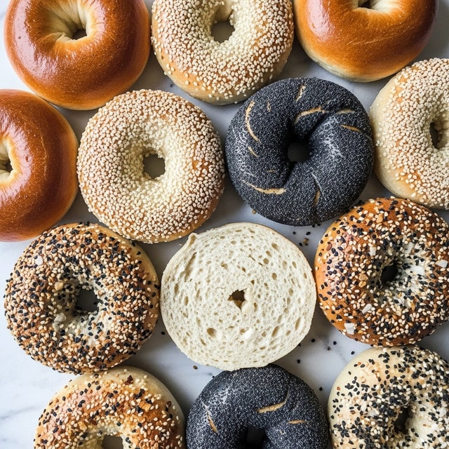 A close-up top view of a group of bagels laid out on a white marbled texture, showing a mix of different types including plain golden brown bagels with a smooth shiny crust, bagels topped with white sesame seeds giving a rough texture, black poppy seed bagels with a dense black speckled look, and some everything bagels covered with a mix of beige, black, and white seeds along with dried onion flakes. One bagel is split open, showing its dense, soft, and slightly crumbly white inside. The bagels vary slightly in shape with some appearing more round and others a bit irregular. The colors range from light beige to golden brown with a few darker charred spots. The image is warm and inviting, with rich textures and natural sheen on the crusts. photo taken with an iphone --ar 4:5 --v 7