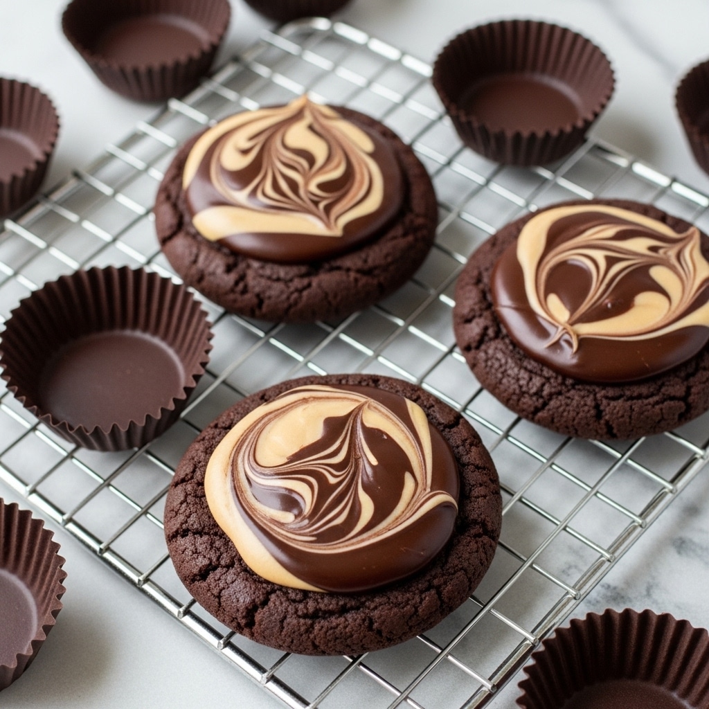 Three rich dark brown chocolate cookies lie on a metal cooling rack over parchment paper with a white marbled texture underneath. Each cookie has a swirled topping made of creamy light beige and dark shiny chocolate layers, creating a marbled effect. Around the cookies, there are dark chocolate cups with crinkled paper edges, adding depth to the scene. The close-up view shows the soft texture of the cookies and the smooth glossy shine of the chocolate topping. photo taken with an iphone --ar 4:5 --v 7