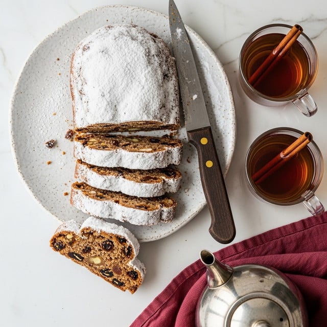 A round loaf of dark brown cake, sliced into six thick pieces, is placed on a white plate with a rough texture and covered lightly with powdered sugar on top. One slice is lying flat on the plate showing a dense texture with visible nuts and dried fruit pieces inside. A dark wooden knife with a polished metal rivet rests beside the sliced bread. Two clear glass cups filled with dark amber liquid each have a cinnamon stick inside, placed on the white marbled surface. At the bottom right, part of a silver teapot is visible next to a folded maroon cloth. Photo taken with an iphone --ar 4:5 --v 7