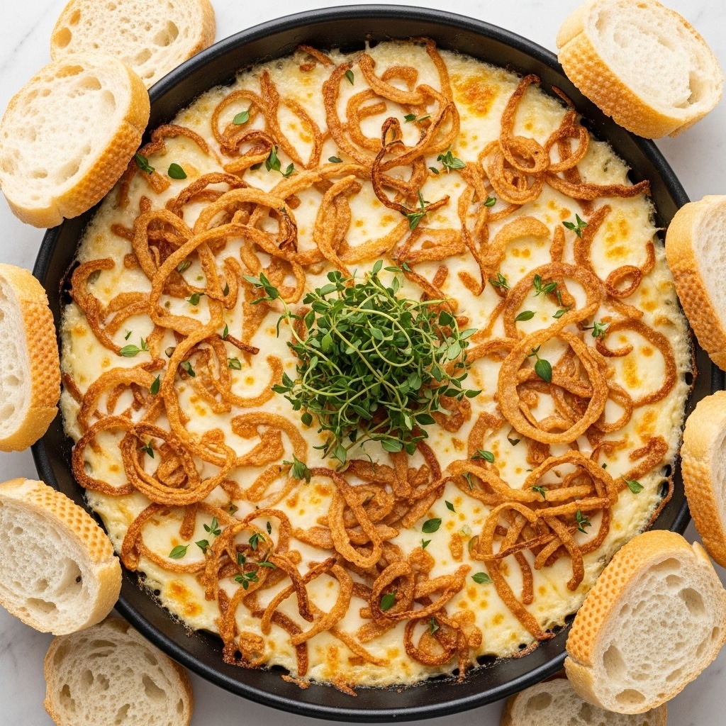 A round black pan filled with a baked dip that has a creamy white melted cheese base topped with golden brown crispy fried onions scattered unevenly across the surface, with small green herb leaves sprinkled lightly on top. In the center, there is a small bunch of fresh green thyme sprigs for garnish. Surrounding the pan are several slices of crusty white bread with a soft, airy texture. The whole setting is placed on a white marbled surface. Photo taken with an iphone --ar 4:5 --v 7