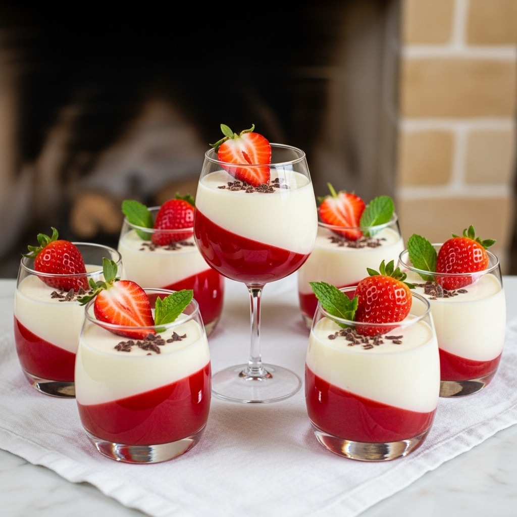 Six glasses hold a dessert with two tilted layers: the bottom layer is a bright red jelly, and the top layer is a smooth, creamy white pudding. Each glass is topped with a halved red strawberry, a whole strawberry, and a small mint leaf. There are some small chocolate shavings on the white layer. Five glasses are short and round, arranged in a circle, and one larger glass with a stem is in the center. All glasses sit on a white cloth on a white marbled surface, with a rustic stone fireplace blurred in the background. photo taken with an iphone --ar 4:5 --v 7