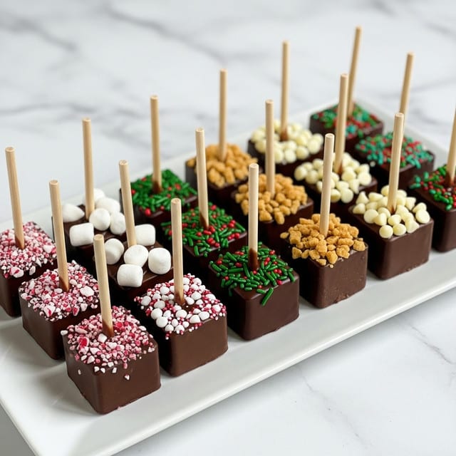 The image shows rows of square dark chocolate blocks with wooden sticks inserted in the center of each. Each chocolate block is topped with different toppings, forming two layers visually: the dark, smooth chocolate base and a colorful, textured topping layer. The first row from left to right features crushed white and red peppermint candies, white mini marshmallows, and green, red, and white sprinkles. The second row reveals white chocolate chips, crunchy light brown bits, and more green, red, and white sprinkles. The chocolates are neatly placed on a white rectangular plate set against a white marbled surface. Photo taken with an iphone --ar 4:5 --v 7