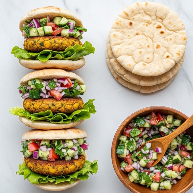 The image shows three mini sandwich stacks placed vertically on a white marbled surface. Each sandwich has a bottom layer of round pita bread, followed by fresh green lettuce leaves, then thick, golden brown patties with a crispy texture. On top of each patty, there is a colorful vegetable salsa made of chopped cucumbers, red onions, tomatoes, and leafy herbs mixed with a creamy white dressing. To the right, there are three plain round pita breads neatly stacked, and a wooden bowl filled with extra vegetable salsa sits nearby with a wooden spoon inside. Photo taken with an iphone --ar 4:5 --v 7