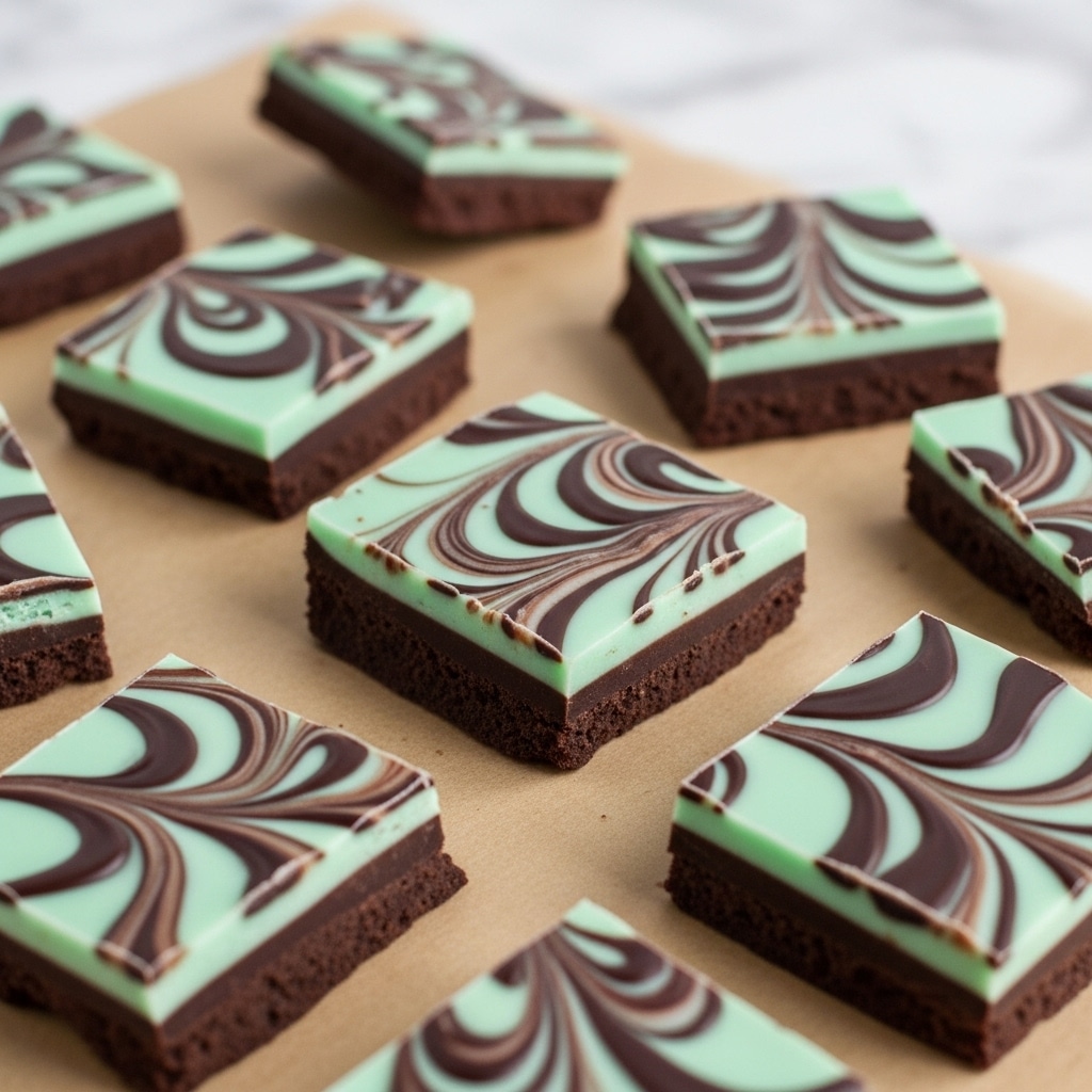 The image shows several square pieces of mint chocolate bark scattered on a light brown paper. Each piece has two layers: the bottom layer is dark, glossy chocolate with a smooth texture, and the top layer is a pale mint green chocolate with dark chocolate swirls creating a marbled pattern. The bark pieces are unevenly cut, with some edges more jagged than others. The background is a white marbled texture. photo taken with an iphone --ar 4:5 --v 7