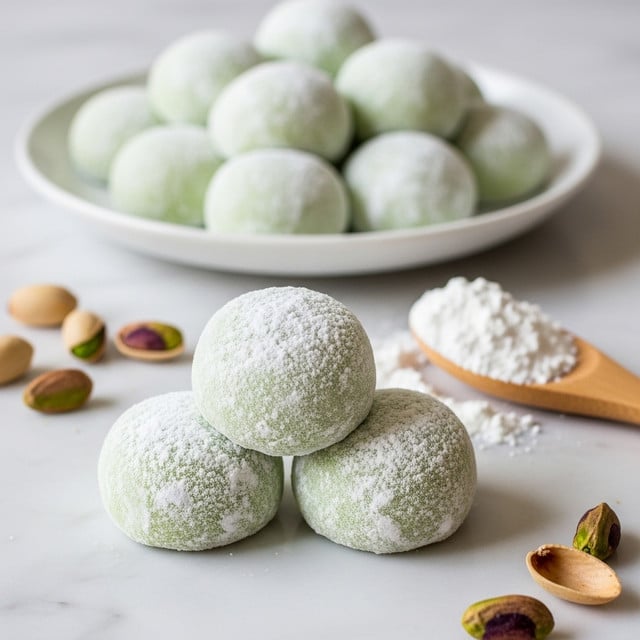The image shows three light green mochi pieces in the front, each round and dusted heavily with white powdered sugar giving a soft, powdery texture on the outside. Behind them is a white plate filled with more of the same pale green mochi, also coated in powdered sugar. Around the mochi on the white marbled surface are a few cracked pistachio nuts with green insides peeking out and a wooden spoon filled with white powdered sugar resting beside the three mochi. The whole scene has a soft and calm look, highlighting the delicate powder and gentle green color of the mochi. photo taken with an iphone --ar 4:5 --v 7
