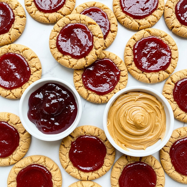 The image shows many round peanut butter cookies with a golden brown cracked texture. Each cookie has a glossy deep red jelly center spread unevenly but thickly, filling most of the top surface. Among the cookies are two small white bowls, one filled with shiny red jelly and the other filled with smooth light brown peanut butter with swirled texture. The cookies and bowls are placed closely together on a white marbled surface, creating a warm and inviting atmosphere. photo taken with an iphone --ar 4:5 --v 7