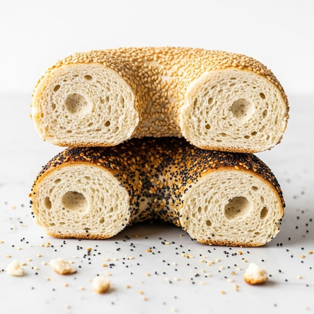 Two bagel pieces stacked on a white marbled surface show their soft, airy inside layers with a light cream color. The top bagel is coated with light brown sesame seeds, giving it a textured look, while the bottom one has a mix of black poppy and tan sesame seeds on a golden-brown crust. Small crumbs and loose seeds are scattered around the bagels. The background is bright and white, making the bagels stand out clearly. photo taken with an iphone --ar 4:5 --v 7