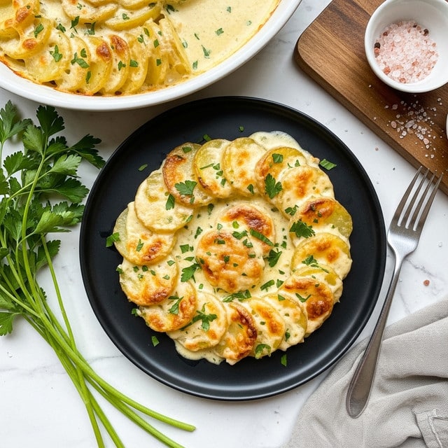 A round black plate holds a creamy potato gratin made of thin, round slices of potatoes arranged in overlapping layers, some browned and slightly crispy on top, covered in a smooth, light yellow cheese sauce with small green parsley pieces sprinkled over it. Bright green fresh parsley stems lie next to the plate, adding freshness to the scene. Part of a white dish with more gratin in the creamy sauce is partly visible above. The setup rests on a white marbled surface with a silver fork and a wooden board holding a small white bowl of pink salt nearby. The whole image has a fresh, cozy feel and bright natural light. photo taken with an iphone --ar 4:5 --v 7