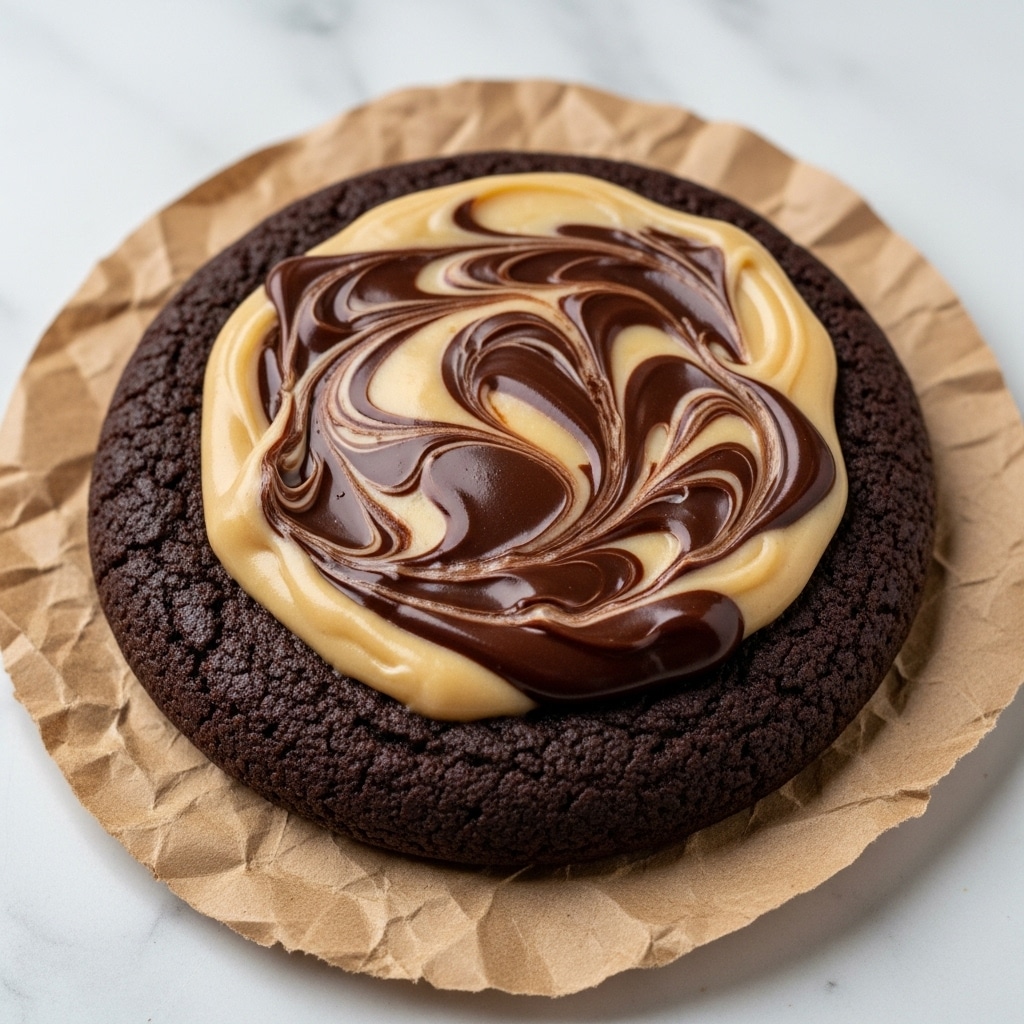 A single round dark chocolate cookie sits on crumpled brown paper, showing a rough and slightly cracked texture. On top, there is a thick, uneven layer of swirled creamy caramel and chocolate mix, creating a marbled effect of light beige and rich dark brown with shiny, smooth patches. The cookie looks dense and moist, contrasting with the glossy topping. The whole scene rests on a white marbled surface. photo taken with an iphone --ar 4:5 --v 7