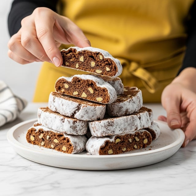 A white wooden plate holds a stack of dark brown biscotti slices covered with a layer of white powdered sugar on the outer edges. Each slice shows a dense texture with visible pieces of nuts inside, and they are neatly piled in a small mound. A woman's hand is picking up one slice from the top while another hand supports the plate from the side. The background has a white marbled texture with a person wearing a yellow apron blurred in the back. photo taken with an iphone --ar 4:5 --v 7