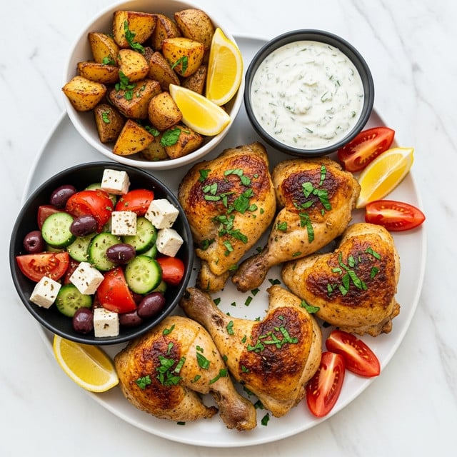 The image shows a white plate with five pieces of golden and brown roasted chicken with crispy skin, scattered green herbs on top, and a few tomato wedges around. On the plate, there is a small black bowl filled with a fresh salad made of bright red tomato chunks, light green cucumber slices, white cubes of cheese, and black olives, all lightly sprinkled with herbs. Nearby, a white bowl contains golden-brown roasted potato pieces with some herbs on them, along with lemon wedges placed around the food. Another black bowl holds a creamy white sauce with visible green herb bits. The dish is placed on a white marbled surface. photo taken with an iphone --ar 4:5 --v 7