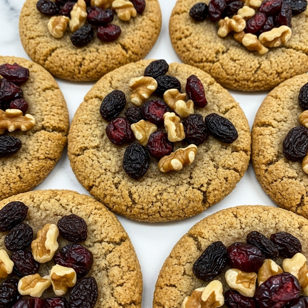 The image shows several round cookies with a golden-brown color and a crumbly texture, each topped with a mix of dark raisins, bright red dried cranberries, and chopped light brown walnuts. The toppings are spread unevenly on the top center of the cookies, giving a crunchy and chewy appearance. The cookies are closely placed together on a white marbled surface, showing their thick edges and slightly raised centers holding the topping mixture. photo taken with an iphone --ar 4:5 --v 7