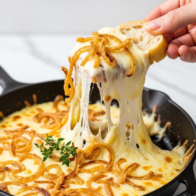 The image shows a close-up of a slice of melted cheese and crispy golden brown fried onions being lifted with a piece of light tan crusty bread, held by a woman's hand. The cheese pulls in long, stretchy strands from a dark cast iron skillet filled with creamy, bubbly melted cheese mixed with small bits of browned onions. A small sprig of green herbs, likely thyme, sits on top of the cheese layer inside the skillet. The background is a subtle white marbled texture. photo taken with an iphone --ar 4:5 --v 7
