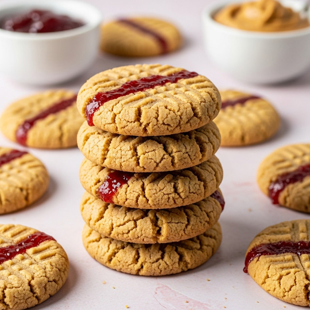 A stack of six round peanut butter cookies with a cracked, golden-brown surface and a visible stripe of red jam running through the center sits on a light pink surface changed to white marbled texture. The cookies have a crumbly texture with slightly uneven edges. Scattered around the stack are more cookies showing the same color and texture pattern. In the background, there are two white bowls, one filled with red jam and the other with peanut butter, both slightly blurred. The overall lighting is soft and even, highlighting the warm tones of the cookies. photo taken with an iphone --ar 4:5 --v 7