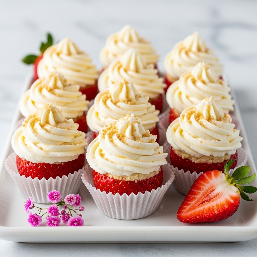 Bright red strawberries serve as the base layer, each nestled in a white cupcake liner. On top of each strawberry is a swirl of creamy white frosting, smooth and thick, arranged in a spiral with soft peaks. Light brown crumbly bits are sprinkled over the frosting, adding a touch of texture. The strawberries are placed closely together on a rectangular white tray with a white marbled texture background. A halved strawberry with green leaves lies to the side, and a small cluster of tiny pink flowers adds a splash of color near the front. photo taken with an iphone --ar 4:5 --v 7