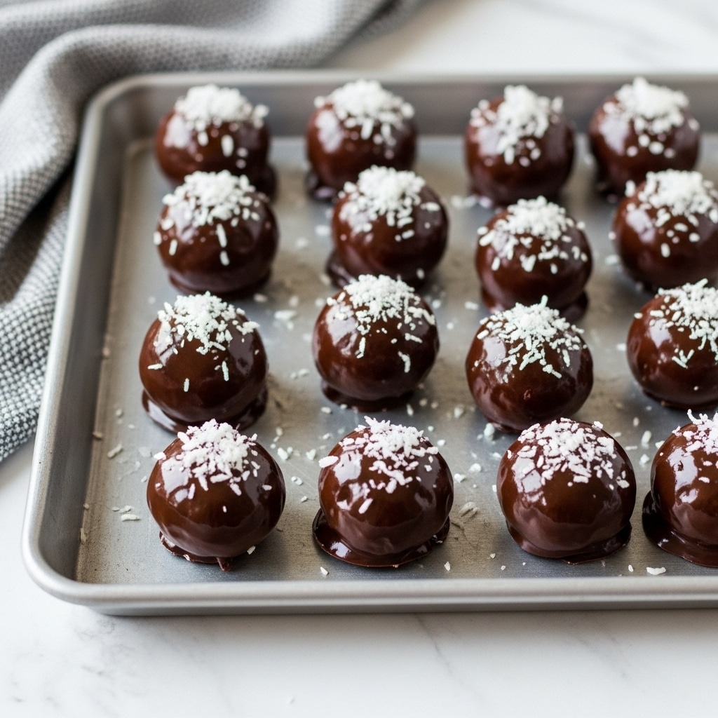 A metal baking tray holds fifteen round chocolate-covered treats placed in rows. Each treat is fully coated in shiny dark brown chocolate with small white shredded coconut pieces sprinkled on top, adding texture and light color contrast. The tray rests on a white marbled surface, with a textured gray cloth partially visible in the upper left corner. The scene is bright and clear, showing the smooth texture of the chocolate and the rough coconut pieces on top. photo taken with an iphone --ar 4:5 --v 7