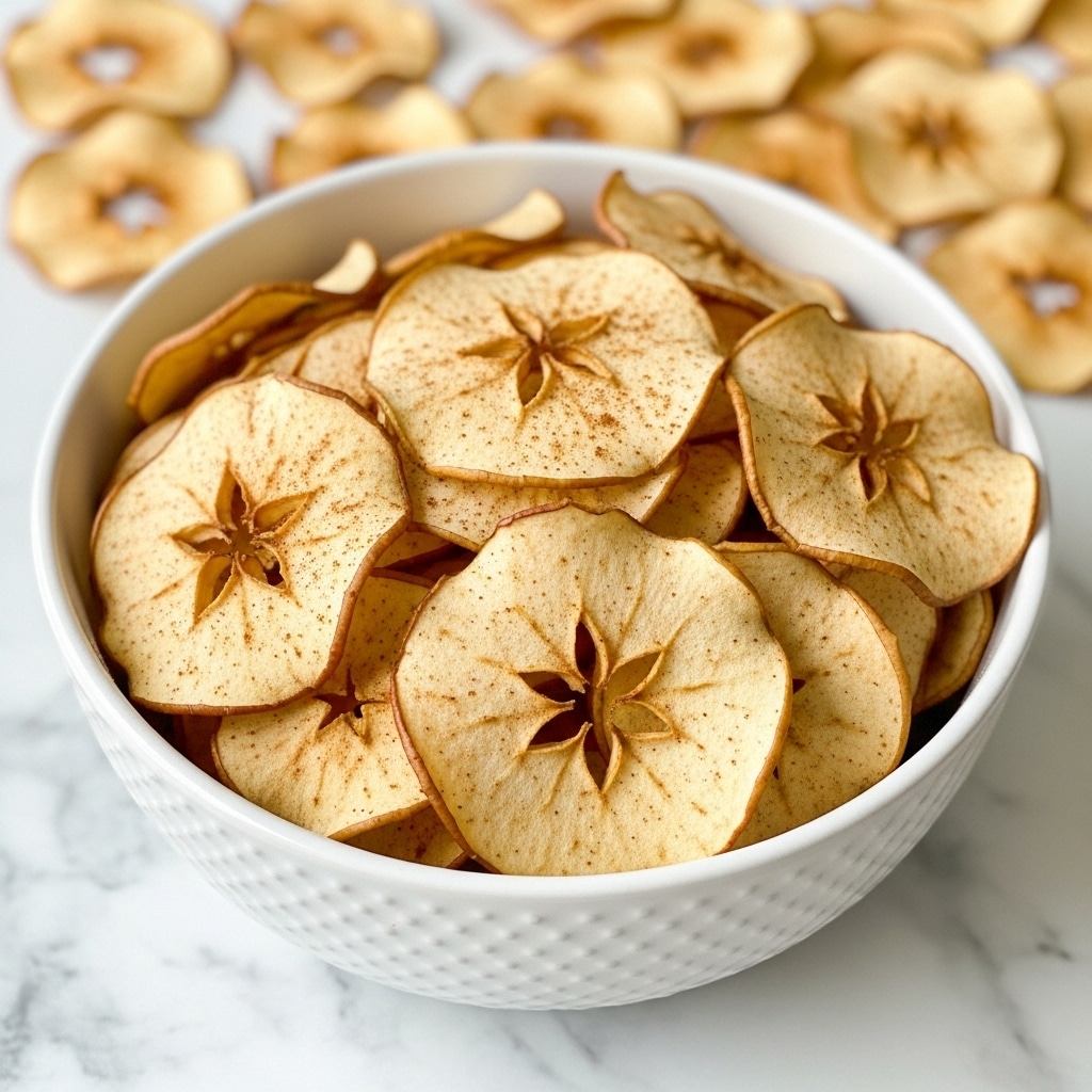 A white textured ceramic bowl filled with thin, crispy apple chips that are light brown with cinnamon specks, some chips showing star-shaped core patterns, placed on a white marbled surface, with a blurred background showing more apple chips. photo taken with an iphone --ar 4:5 --v 7