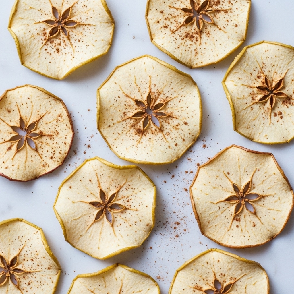 The image shows several dried apple slices scattered loosely on a white marbled surface. Each slice is thin and curled with edges that are light golden brown. The apple slices have a pale cream color with brown cinnamon specks sprinkled unevenly across them. The texture looks slightly wrinkled and crisp, with some pieces showing the star-like core pattern in the center. The scene captures a close-up view, highlighting the natural shapes and light shadows of each slice. Photo taken with an iphone --ar 4:5 --v 7